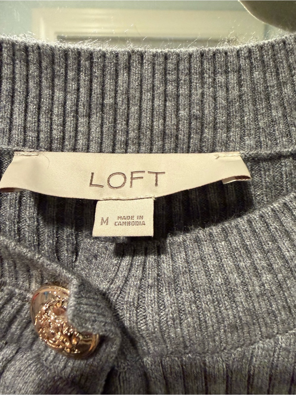 LOFT Gray Ribbed Crewneck Sweater with Gold Decorative Buttons